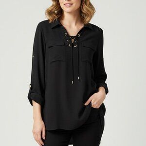 Black Sheer Lace Front Long Sleeve Blouse Harve Benard Size L